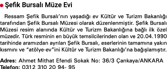  Şefik Bursalı Müze Evi Ressam Şefik Bursalı nın yaşadığı ev Kültür ve Turizm Bakanlığı tarafından Şefik Bursalı Müze   