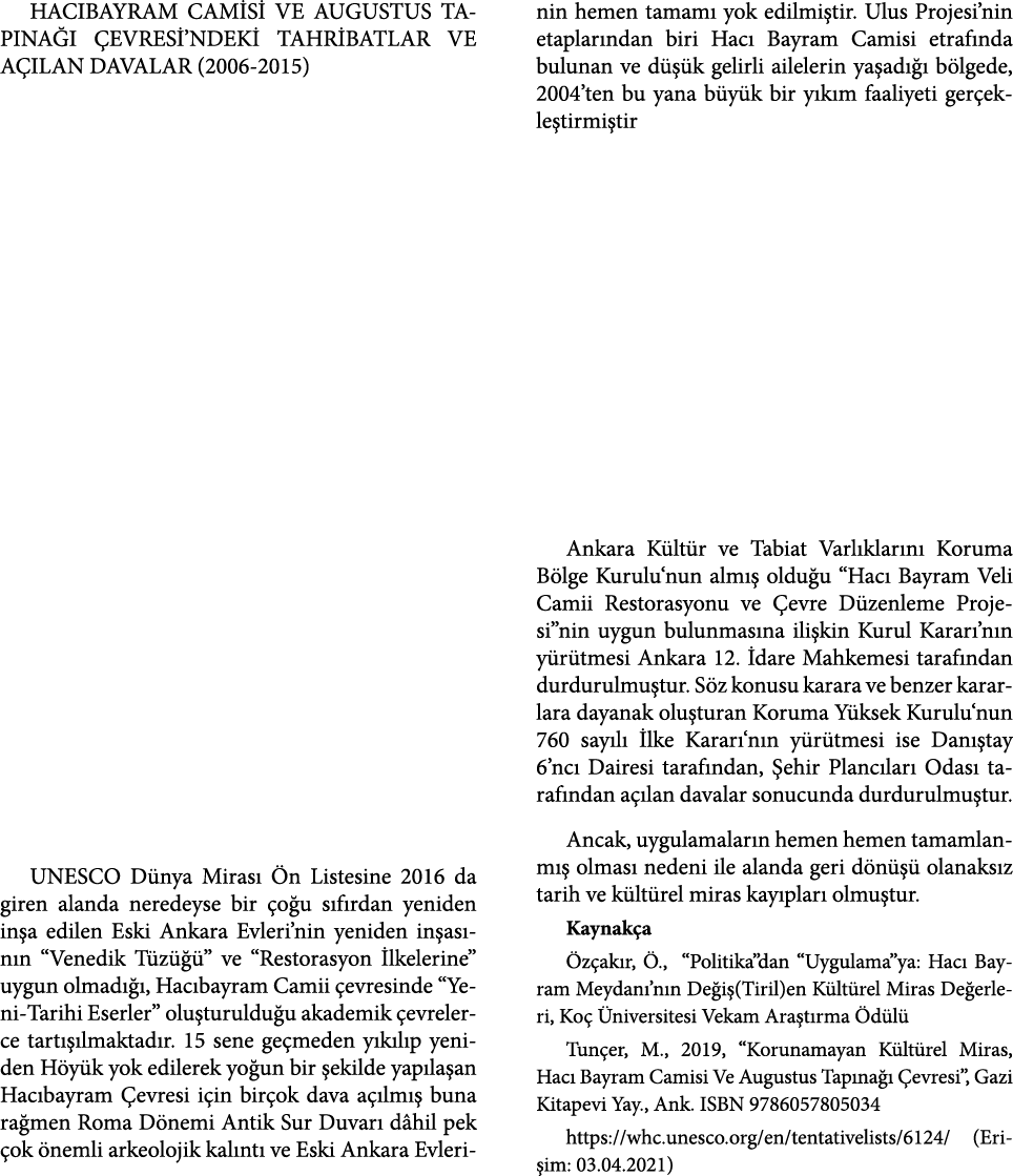 HACIBAYRAM CAMİSİ VE AUGUSTUS TAPINAĞI ÇEVRESİ NDEKİ TAHRİBATLAR VE AÇILAN DAVALAR (2006-2015) UNESCO Dünya Mirası Ön   