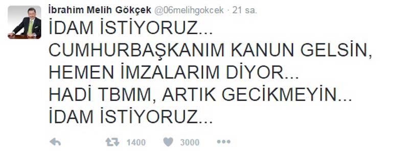 BAŞKAN GÖKÇEK’TEN, “İDAM” ANKETİ