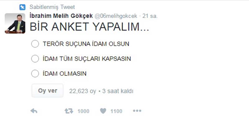 BAŞKAN GÖKÇEK’TEN, “İDAM” ANKETİ