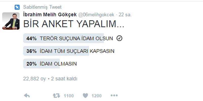 BAŞKAN GÖKÇEK’TEN, “İDAM” ANKETİ
